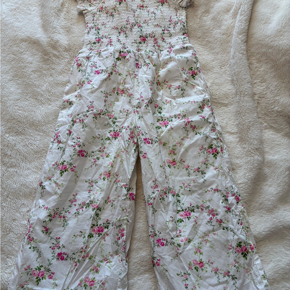 Gymboree Floral Print Jumpsuit - Pink and Green on White